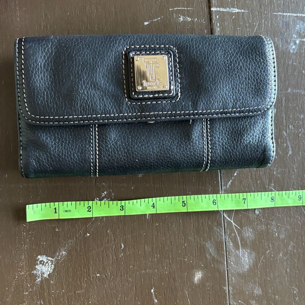 Tingnanello Black Pebbled Leather Trifold Wallet Organizer Clutch Floral Lining